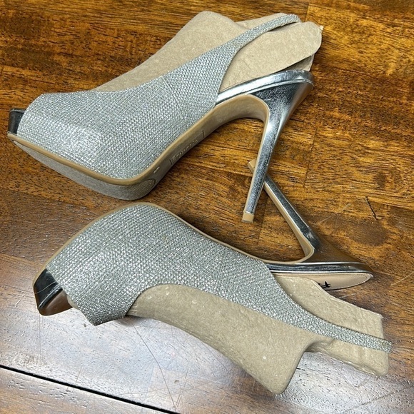 New Year’s Eve stilettos silver glam heels peek toe sexy Fioni sling backs - Picture 4 of 11